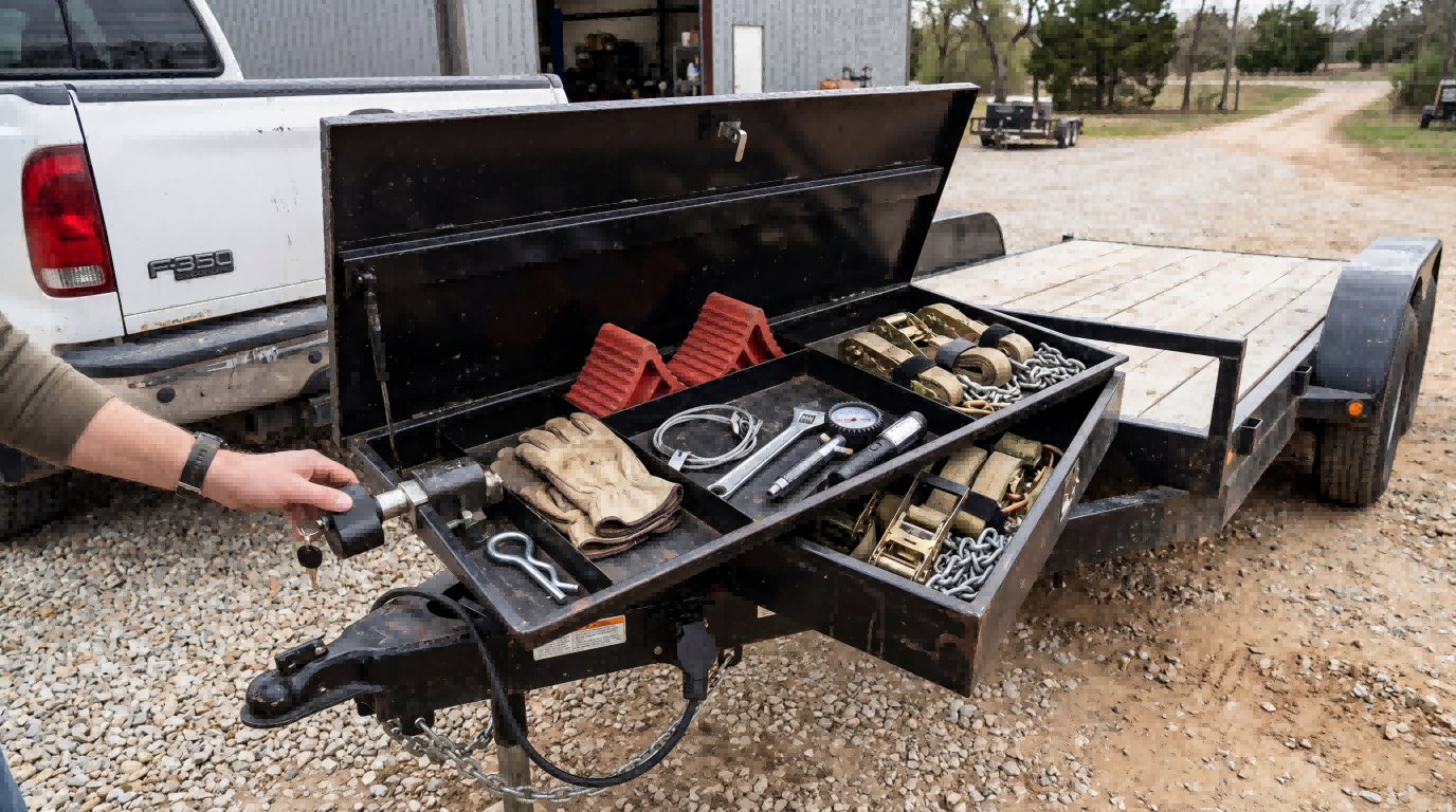 Black trailer tongue box organized with wheel chocks, gloves, ratchet straps, chains, and towing essentials in separate storage sections